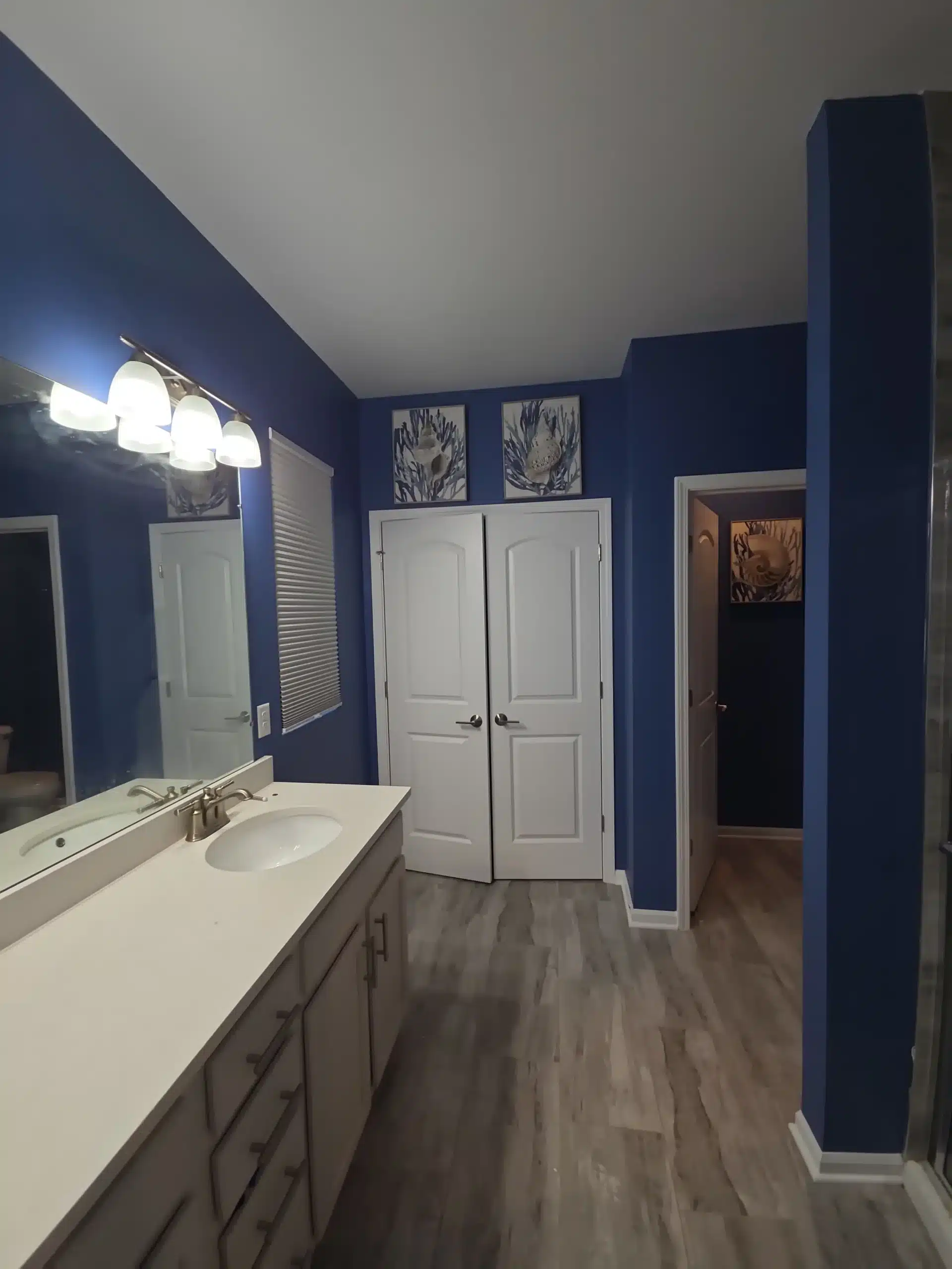 Bathroom Interior Painting with Deep Blue Walls and White Vanity Beautifully painted bathroom with deep blue walls, a white vanity, mirror, and white closet doors.