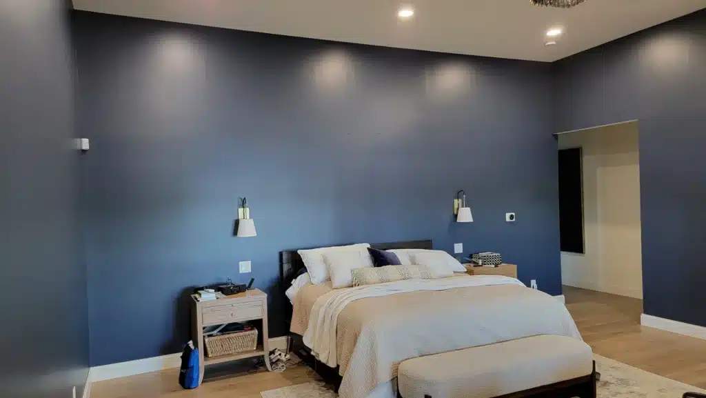 Slate Blue Bedroom Accent Wall Slate blue bedroom walls with white trim and ceiling